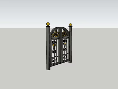 Black Wrought Iron Entrance Gate With Golden Finials And Intricate Patterns 3d model