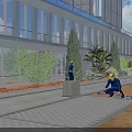 Road Infrastructure Construction With Workers Laying Paving Bricks Near Modern Building And Landscaping