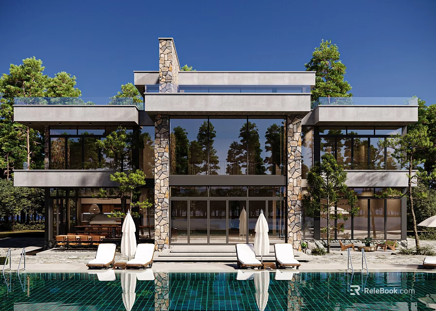 Modern Detached Villa With Swimming Pool Large Glass Windows And Stone Facade Design 3d model 