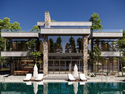 Modern Detached Villa With Swimming Pool Large Glass Windows And Stone Facade Design 3d model
