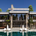 Modern Detached Villa With Swimming Pool Large Glass Windows And Stone Facade Design