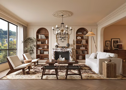 French Retro Style Living Room Middle Style Sofa Coffee Table Combination Decorative Painting Bookcase Chandelier Carpet Entrance Cabinet 3d model