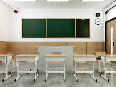 School Classroom Interior Featuring Green Blackboards Teacher's Desk Student Desks And Wall Clock 3d model