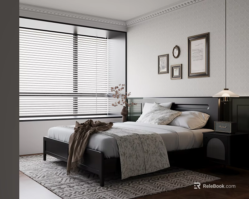 Modern Bedroom Interior With Bed Blanket Pillows Window Blinds Framed Pictures Bedside Lamp And Rug 3d model 