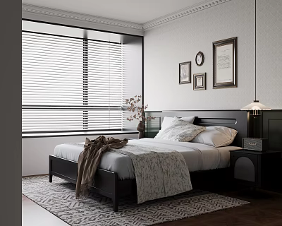 Modern Bedroom Interior With Bed Blanket Pillows Window Blinds Framed Pictures Bedside Lamp And Rug 3d model