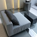 Modern Light Gray Single Sofa With Dark Cushions By Window Overlooking Mountain Field View