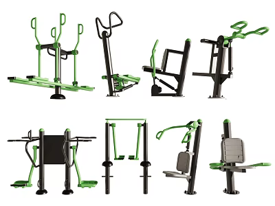 Various Modern Fitness Sports Equipment with Black Green Frames and Ergonomic Design 3d model