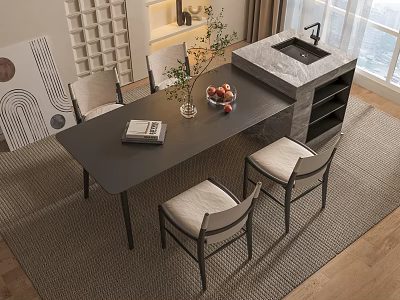 Modern Dining Table Set With Upholstered Chairs Book Flower Vase And Fruit Bowl 3d model