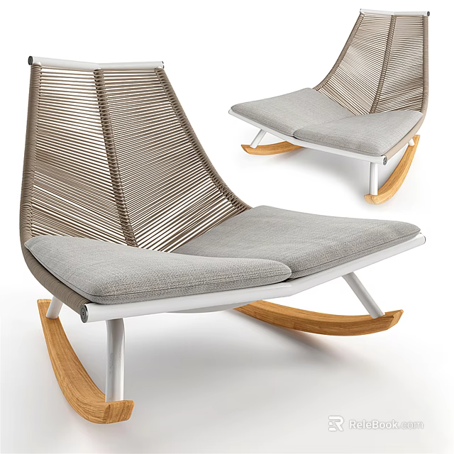 Modern Leisure Rocking Chair With Metal Frame Woven Backrest And Gray Cushion 3d model 