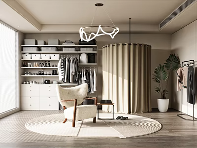 Modern Walk in Closet with Open Shelves Hanging Clothes Round Rug and Accent Chair 3d model