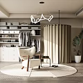 Modern Walk in Closet with Open Shelves Hanging Clothes Round Rug and Accent Chair