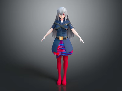 3D Anime Character With Gray Long Hair Red Eyes And Blue Outfit On Dark Background 3d model