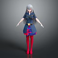 3D Anime Character With Gray Long Hair Red Eyes And Blue Outfit On Dark Background