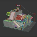 3D Model of Small Buildings with Red Blue Roofs Staircase Green Tree and Street Lamp