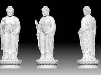 Buddha Sculpture Carving Showcase From Three Angles With White Material And Lotus Base 3d model