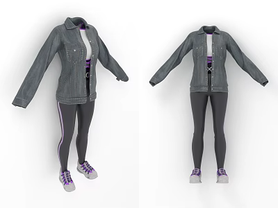 Gray Denim Jacket With Zipper And Black Leggings With Purple White Sneakers 3d model