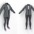 Gray Denim Jacket With Zipper And Black Leggings With Purple White Sneakers