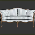 Classic Blue And White Striped Sofa With Wooden Arms And Curved Legs
