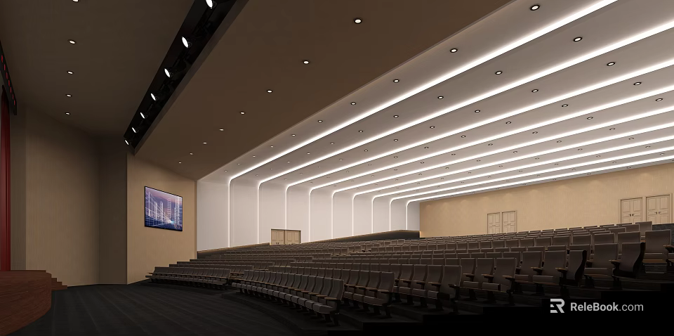 Spacious Modern Conference Room Interior With Rows Of Seats Large Screen And Ceiling Lighting 3d model 