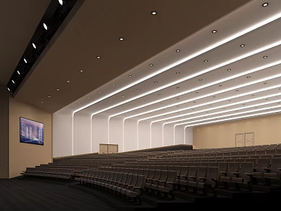 Spacious Modern Conference Room Interior With Rows Of Seats Large Screen And Ceiling Lighting 3d model