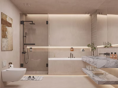 Modern Neutral Beige Bathroom With Shower Area Bathtub Marble Countertop Mirror And Plants 3d model
