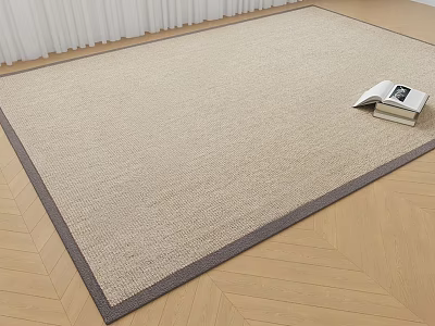 Beige Woven Square Rug On Herringbone Wooden Floor With Books On Top 3d model