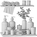 Daily Washing Essentials With Pump Bottles Candles Towels Eucalyptus And Wooden Shelf