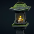 Ancient Style Stone Lantern With Pagoda Top And Lit Candle In Chamber