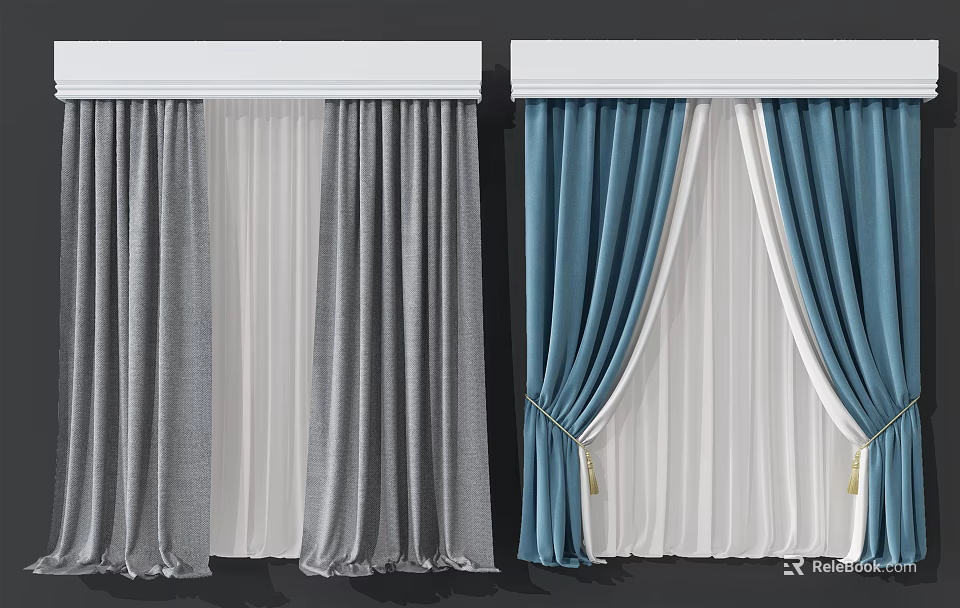 Stylish Double Layer Curtains in Gray White and Blue with Sheer Panels 3d model