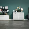 Modern Console Cabinet And Side Cabinet With Green Wall Photo Frames Decorations Vase Table Lamp