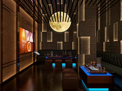 Modern KTV Lounge Interior With Circular Moon Decoration Dark Sofas Blue Lighting And TV Screen 3d model