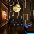 Modern KTV Lounge Interior With Circular Moon Decoration Dark Sofas Blue Lighting And TV Screen