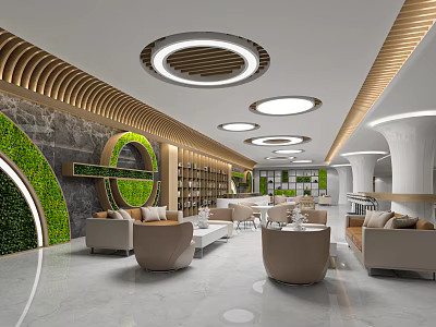 Modern Lounge Area Interior Design With Greenery Wall Sofa Round Tables And Bookshelves 3d model