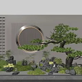 Indoor Landscape Design With Pine Tree Stones Plants And Circular Grid Wall 3d model