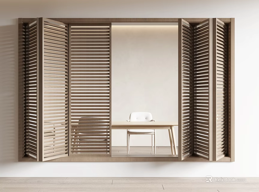 Open Light Wood Shutters Revealing Modern Interior With Table And Chairs 3d model 