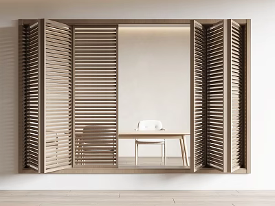 Open Light Wood Shutters Revealing Modern Interior With Table And Chairs 3d model