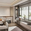 Modern Bedroom Featuring Open Walk-in Closet Sofa Marble Coffee Table Floor-to-Ceiling Window And Decorative Rug