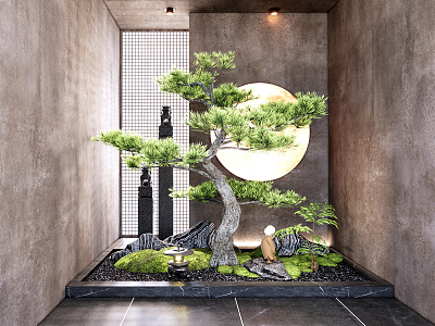 New Chinese style landscape sketch indoor plant landscaping porch landscape sketch rockery stone pine tree indoor landscape model