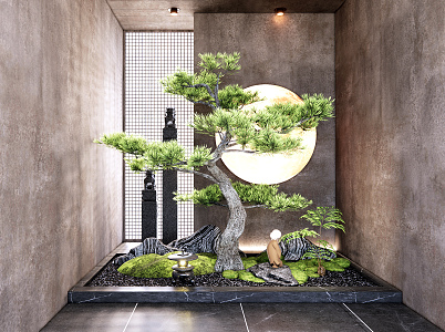 New Chinese style landscape sketch indoor plant landscaping porch landscape sketch rockery stone pine tree indoor landscape 3d model