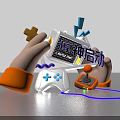 Game Console With Controllers Being Operated By Hands And Power Indicators