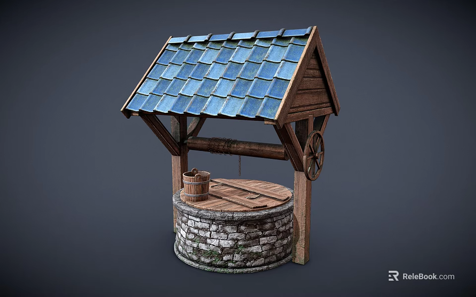 Traditional Well Structure With Rustic Wooden Roof Blue Tiles Stone Base Wooden Bucket And Wheel 3d model 