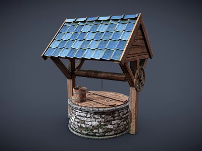 Traditional Well Structure With Rustic Wooden Roof Blue Tiles Stone Base Wooden Bucket And Wheel 3d model