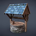 Traditional Well Structure With Rustic Wooden Roof Blue Tiles Stone Base Wooden Bucket And Wheel