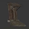 Ancient Wooden Architectural Structure With Steps Arched Door And Sloped Roof