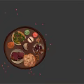 Wooden Tray With Assorted Foods Green Vegetables Beverage Red Berries Egg And Ingredients
