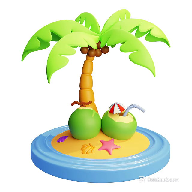 Tropical Garden Landscape With Palm Tree Coconut Straw Umbrella Sand Seashells Starfish And Blue Base 3d model 