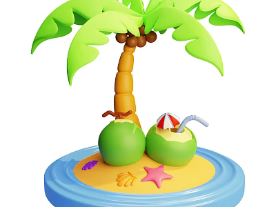 Tropical Garden Landscape With Palm Tree Coconut Straw Umbrella Sand Seashells Starfish And Blue Base 3d model