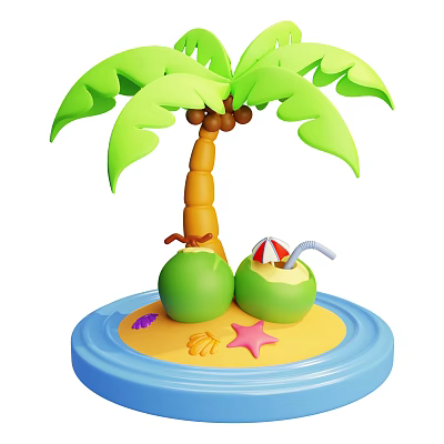 Tropical Garden Landscape With Palm Tree Coconut Straw Umbrella Sand Seashells Starfish And Blue Base 3d model