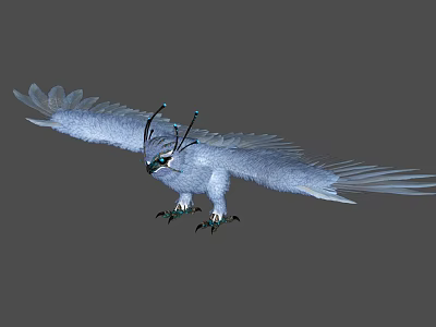 White Eagle with Spread Wings Blue Decorative Headpiece and Black Claws Against Grey Background 3d model