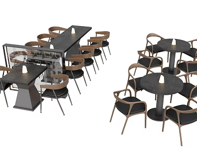 Modern Dining Table Set With Rectangular Round Tables Wooden Frame Chairs And Small Lamps 3d model